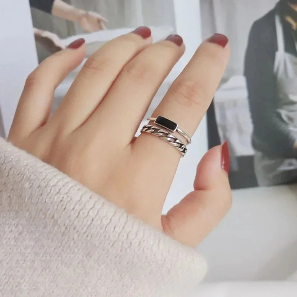 Minimalist 925 Sterling Silver Black Bar & Chain Ring Dainty Adjustable Ring